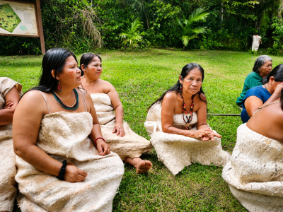 Mujeres de la Comunidad Nativa Sonene reunidas compartiendo conocimientos tradicionales.